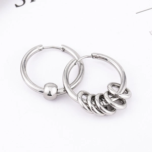 Boucles d'Oreilles Asymétriques en Acier Inoxydable Avec Anneaux Entrelacés et Perles Bijoux Hip Hop Punk Minimalistes Unisexes
