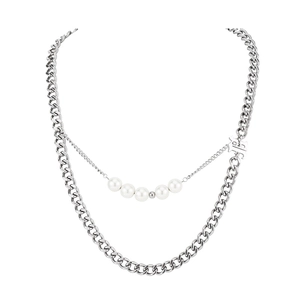 Collier double couche argenté à maille cubaine avec perles blanches et pendentif lettre B