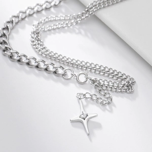 Punk Edelstahl Zweilagig Panzerkette Halskette Stern Anhänger Mit Zirkon Hip Hop Streetwear Schmuck Für Damen Herren