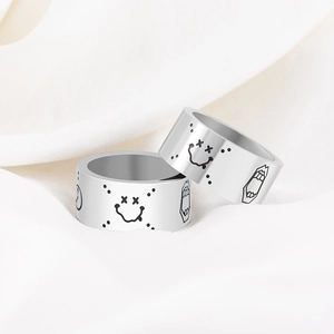 Bague Large en Acier au Titane Punk pour Hommes Femmes Créatif Dessin Animé Graffiti Visage Souriant Mode de Rue Bijoux