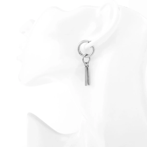 Minimalist silver titanium steel hoop earrings with long geometric cylindrical pendants