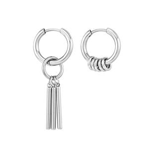 Unisex geometric stainless steel drop earrings with long cylindrical pendants and rings