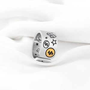Hip hop style gold and silver dual-tone wide stainless steel ring with graffiti coins