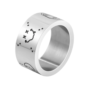 Bague large punk en acier inoxydable avec gravure de smiley et motifs de graffiti