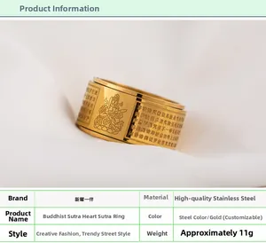 Detail view of gold stainless steel spinning ring with engraved Buddhist Heart Sutra