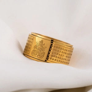 Stainless Steel Gold Rotatable Spinner Ring With Buddhist Heart Sutra Scripture Engraved Religious Jewelry For Men Women