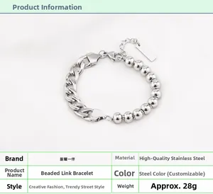 Detailed close-up of a stainless steel bracelet featuring chunky NK chain and metal beads