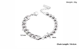 Detail view of silver punk chain bracelet with 9.3mm curb links and 8mm steel beads