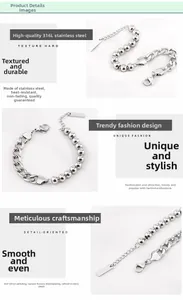 Close-up of 316L stainless steel bead and cuban chain bracelet with mirror polishing
