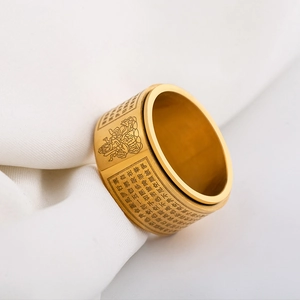 Gold wide stainless steel spinning ring engraved with heart sutra and buddha figure