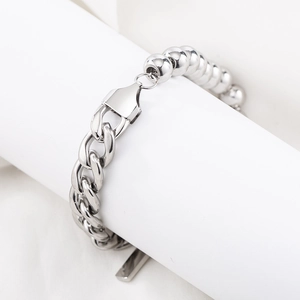 Unisex silver punk bracelet with chunky cuban link chain and polished metal beads