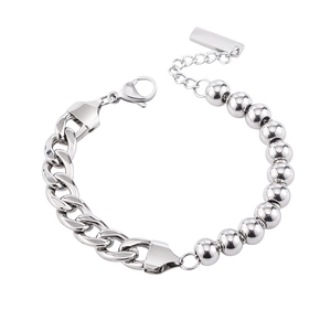 Punk style stainless steel chain bracelet with polished beads and lobster clasp