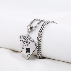 Punk style stainless steel necklace featuring a royal flush poker card pendant for men