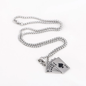 Punk style royal flush poker pendant necklace in silver stainless steel for men and women