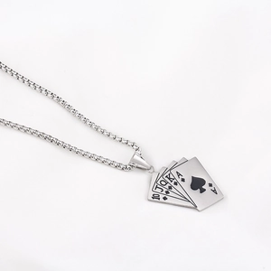 Silver stainless steel box chain necklace with spade royal flush poker card pendant