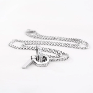 Modern titanium steel necklace with interlocked nut pendant and crystal accents