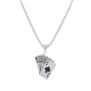 Punk style royal flush poker pendant necklace in silver stainless steel for men and women