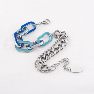 Bracelet punk en acier titane avec maillons en émail bleu et double chaîne pour hommes et femmes