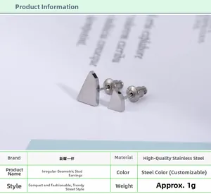 Macro detail of geometric irregular triangle stud earrings with a brushed steel finish