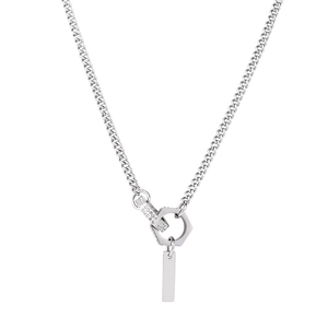 Unisex silver titanium steel interlocking ring necklace with a sparkling zircon cube pendant