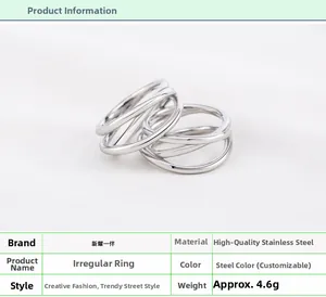 Detailed view of irregular geometric stainless steel ring weighing 4.6g with polished finish