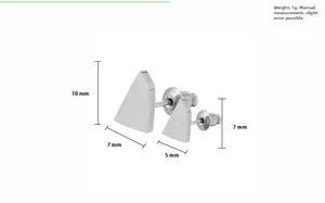 Macro detail of silver titanium triangle studs with brushed finish and size measurements