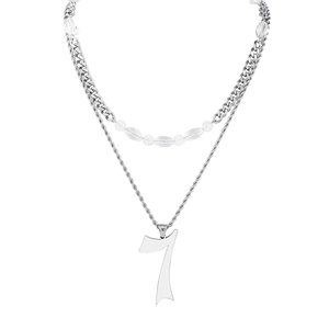Collier double épaisseur style punk avec pendentif chiffre 7 et perles en acier inoxydable
