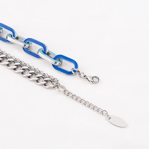 Bracelet punk multicouche en acier inoxydable avec émail bleu et chaîne trombone argentée