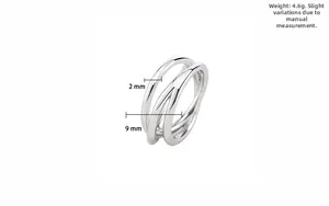 Macro detail of punk geometric silver ring showing weight 4.6g and band width dimensions