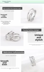 Macro detail of silver stainless steel ring featuring multi-layer crisscross wrap design