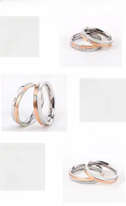 Detail view of two-tone stainless steel ring with rose gold plating and inlaid diamonds