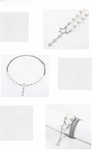 Macro-opname van 316L roestvrijstalen ketting met parels en strass-ster hanger details