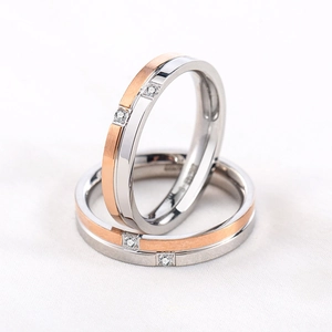 Bicolor Stainless Steel Zircon Ring Brushed Rose Gold Mirror Polished Silver Band Jewelry Engagement Wedding Men Women