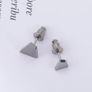 Minimalist geometric triangle stud earrings in matte dark grey stainless steel finish
