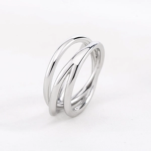 Modern punk style silver multi-layer interlocking geometric ring with polished finish