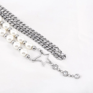 Hip-hop punk titanium stalen ketting met parels, ster hanger en fonkelende diamanten