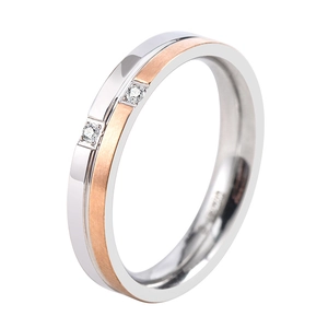 Polished silver and rose gold brushed titanium ring with two embedded diamonds