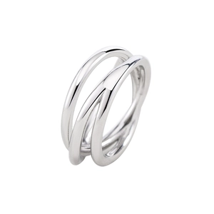 Minimalist silver geometric interlaced ring with polished stainless steel layered design