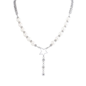 Punk-stijl Y-vormige ketting van titaniumstaal met witte parels en holle sterhanger