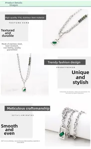 Detail of 316L stainless steel double chain necklace with green square pendant and beads
