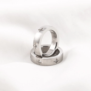 316L Stainless Steel Four Pointed Star Band Ring Brushed Matte Zirconia Inlaid Minimalist Industrial Style Unisex Jewelry