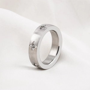Brushed titanium steel ring with sparkling star-shaped diamond accents for men and women
