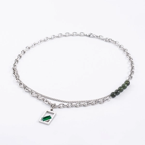 Punk Spliced Stainless Steel Necklace With Green Square Crystal Pendant And Layered Chain For Women Men Unisex Daily Jewelry