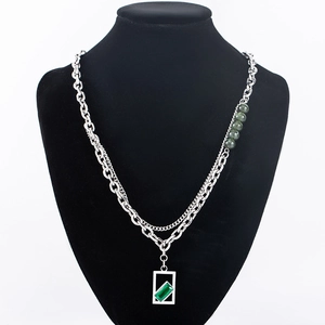 Double layer silver titanium necklace with green crystal square pendant and beads