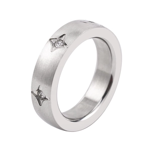 Brushed titanium steel ring with sparkling star-set zircon stones in a silver finish