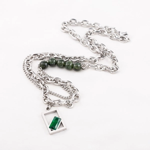 Punk style layered steel chain necklace with green crystal beads and square emerald pendant