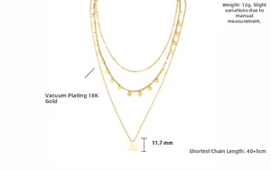 Detail of 18K gold vacuum plated triple layer necklace with geometric pendant and sequins