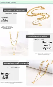 Detail of 316L stainless steel triple layered necklace with polished geometric pendants