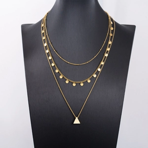 Fashion 3-Layered Stainless Steel Necklace For Women Gold Plated Geometric Triangle Pendant Sequin Tassel Clavicle Chain Jewelry