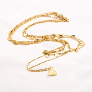 Three-layer gold titanium steel necklace with geometric triangle and circular charms